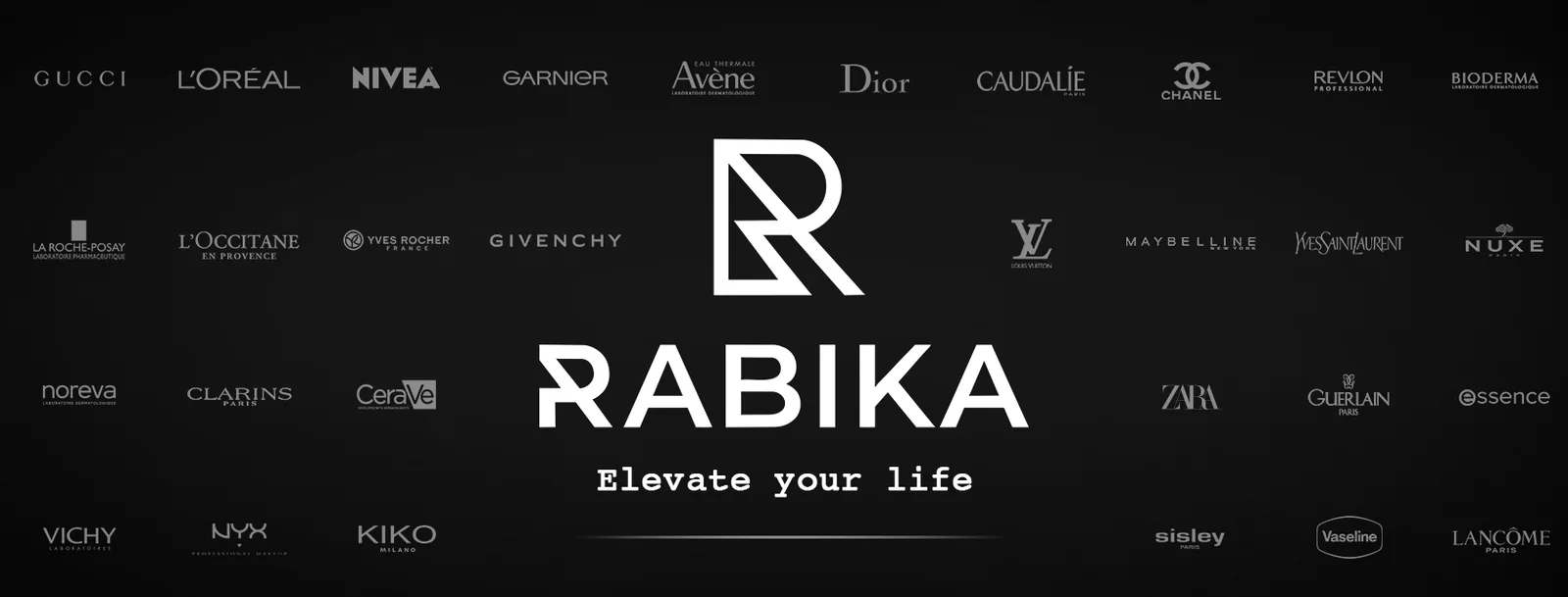 Brands carried by Rabika, shown as a wall of wordmarks around the Rabika logo