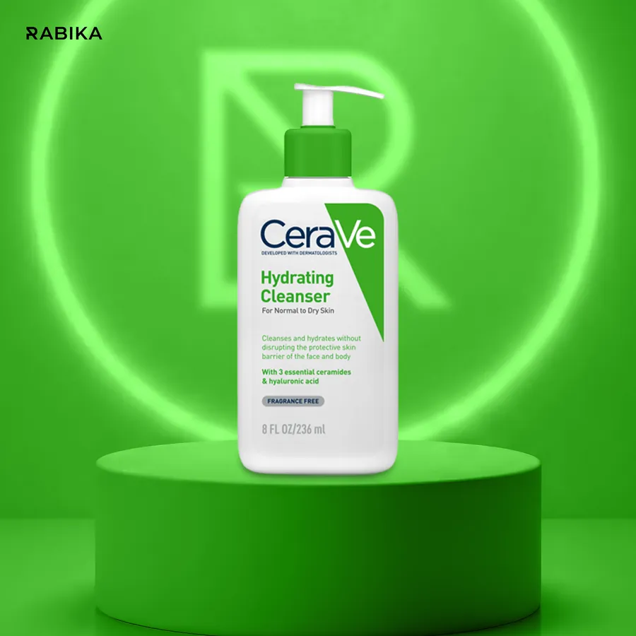 Rabika product visual: CeraVe Hydrating Cleanser on a green podium