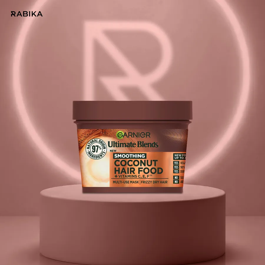 Rabika product visual: Garnier Coconut Hair Food on a pink podium
