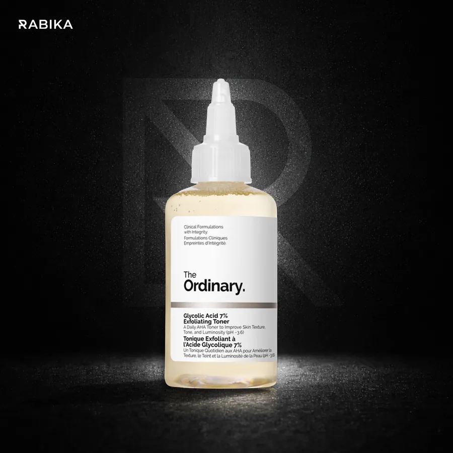 Rabika product visual: The Ordinary Glycolic Acid 7% toner on a dark podium