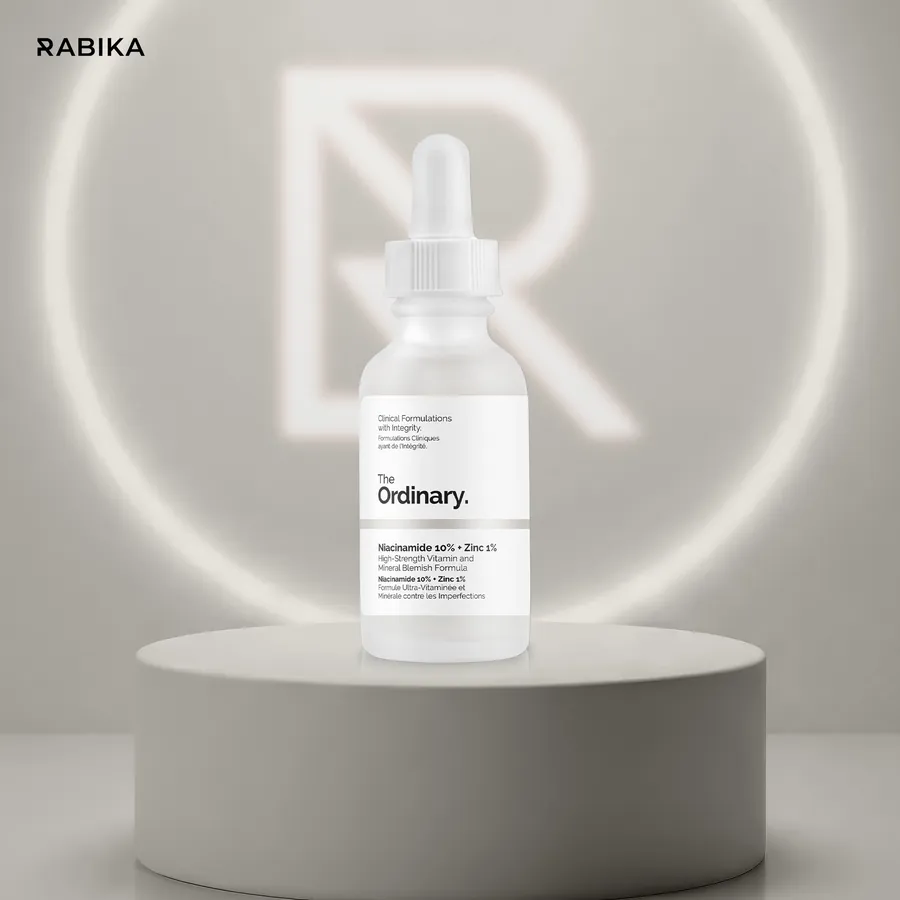 Rabika product visual: The Ordinary Niacinamide 10% on a pale podium