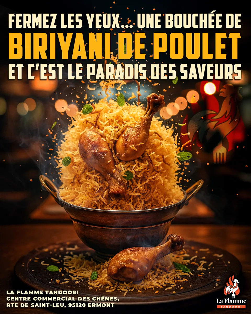 La Flamme Tandoori social post for chicken biryani, with the restaurant address in Ermont