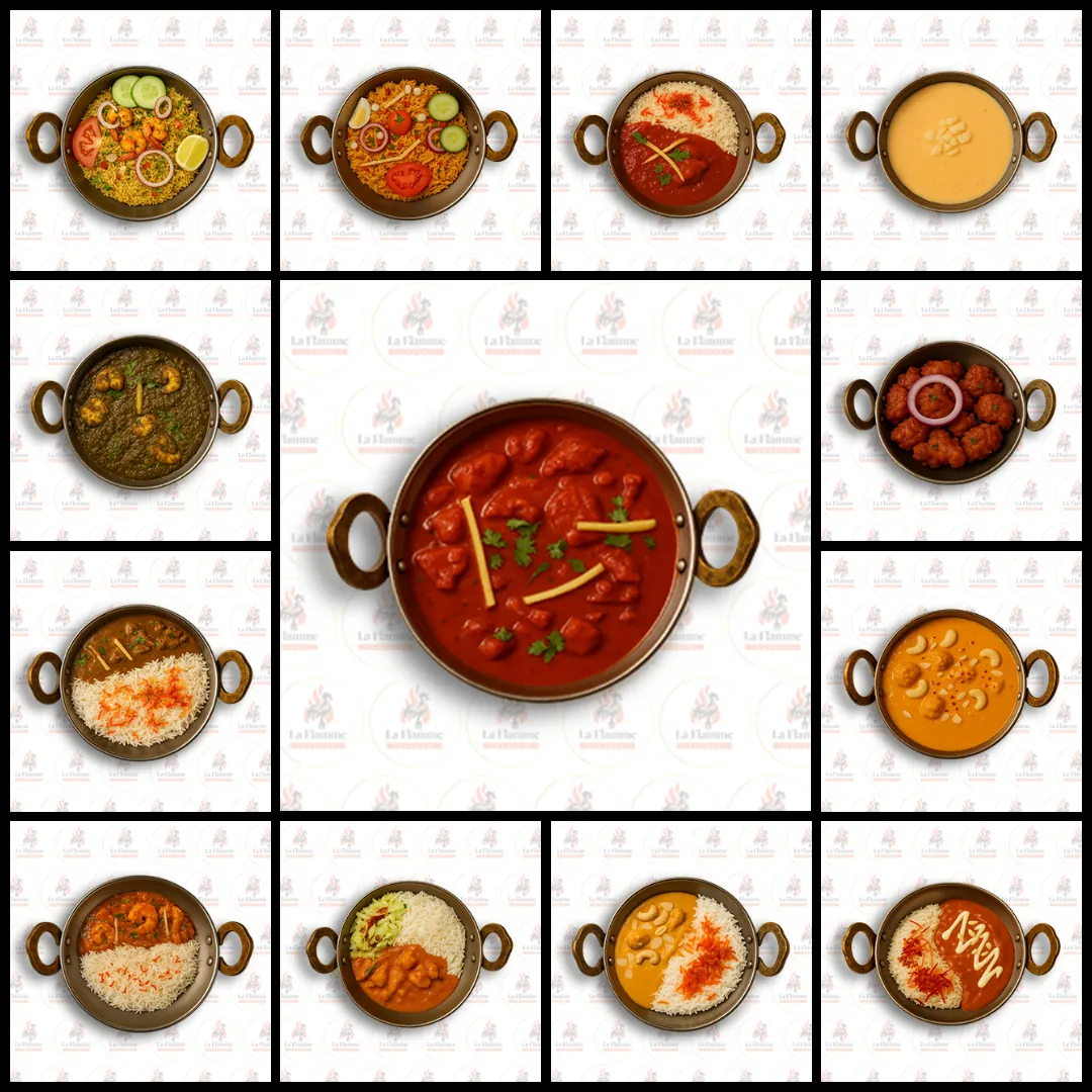 La Flamme Tandoori menu series: thirteen curry and biryani dishes shot in copper karahi