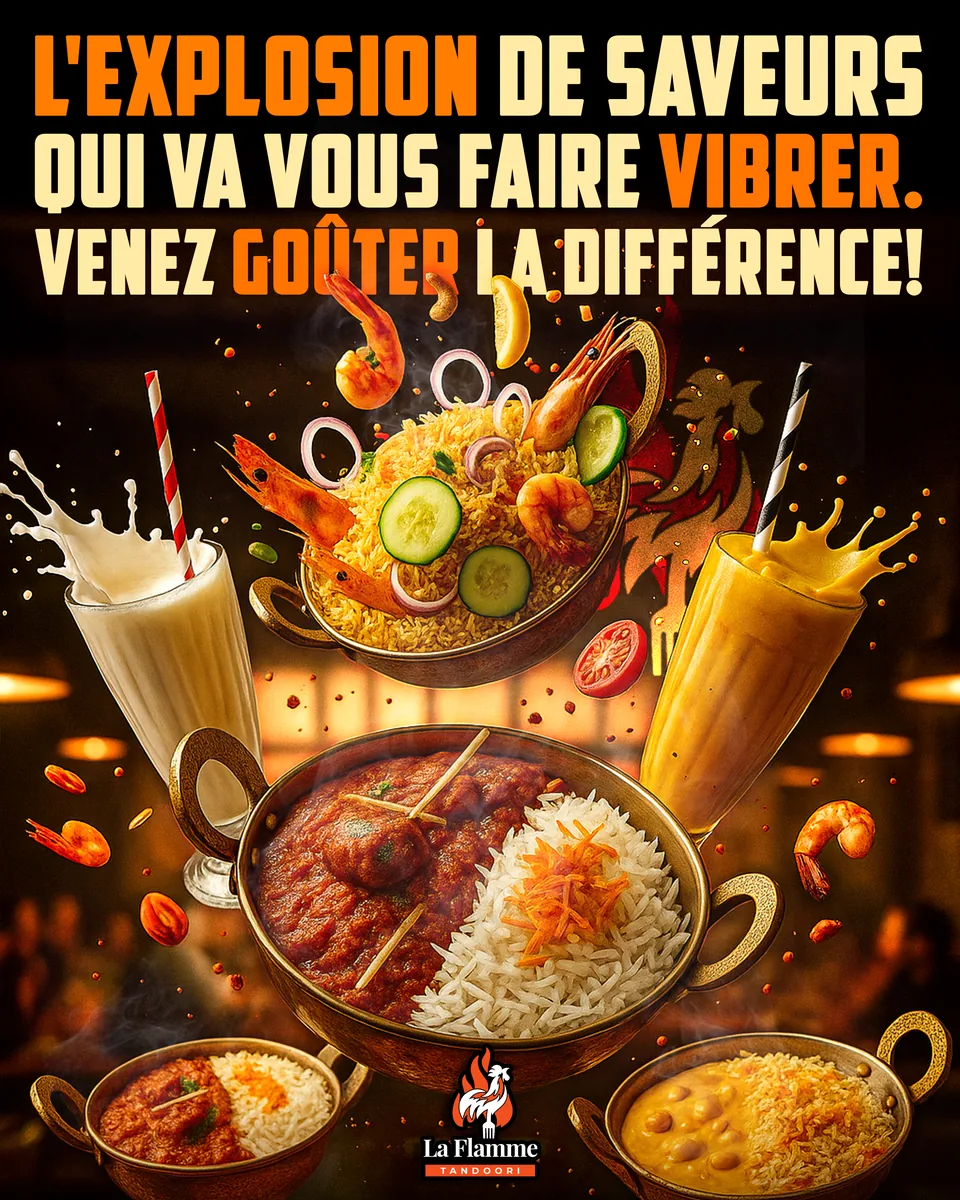 La Flamme Tandoori campaign visual: biryani, curries and lassi under the line L'explosion de saveurs qui va vous faire vibrer